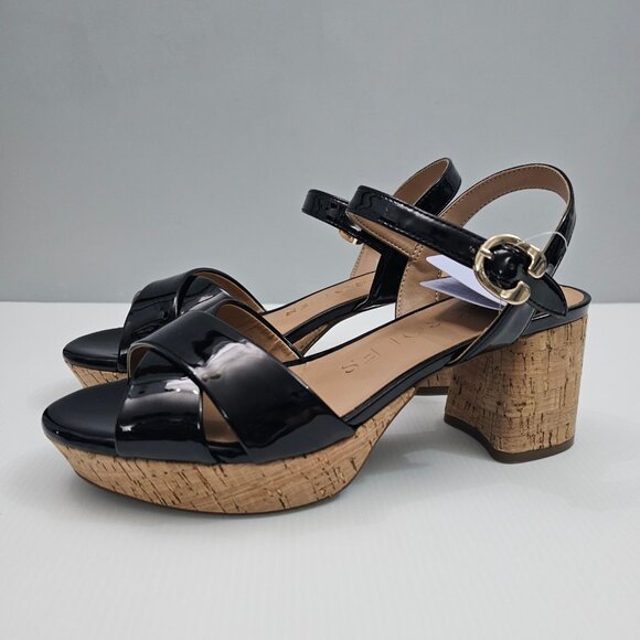 Aerosoles Cosmos Platform Sandal Womens 8 Black Patent Cork Chunky Heel NEW - Picture 1 of 15